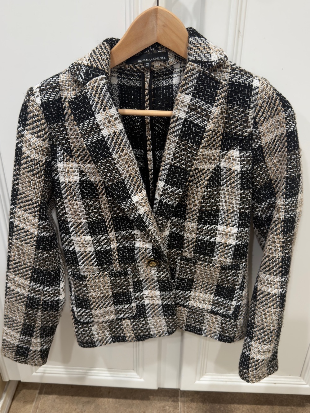 Amanda & Chelsea Black Beige Cream Plaid Tweed Blazer